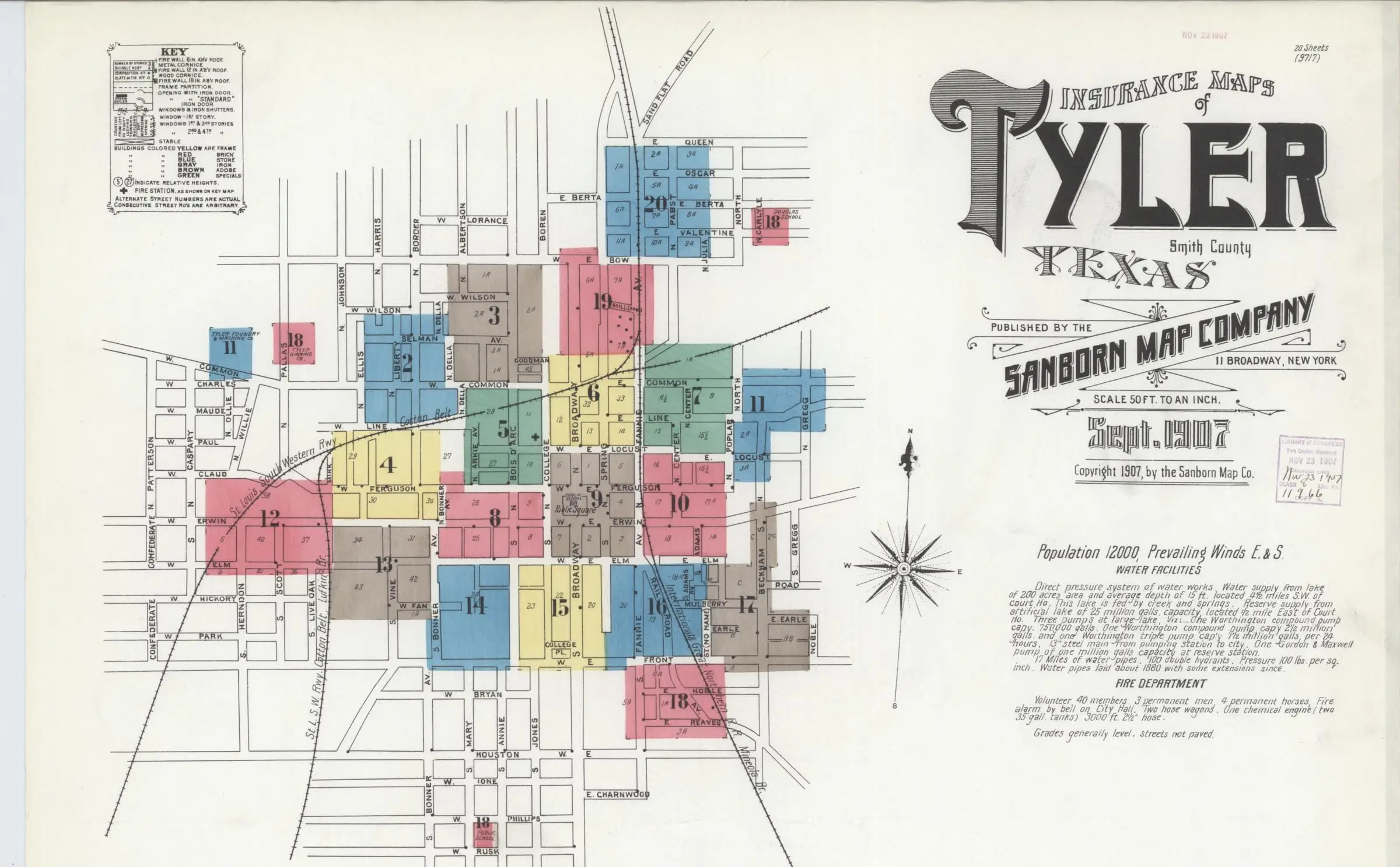 The top of Sanborn’s September 1907 sheet of Tyler: blocks around the public square colored by building material, the title “Insurance Maps of Tyler, Texas” at right and a column of handwritten notes below it.
