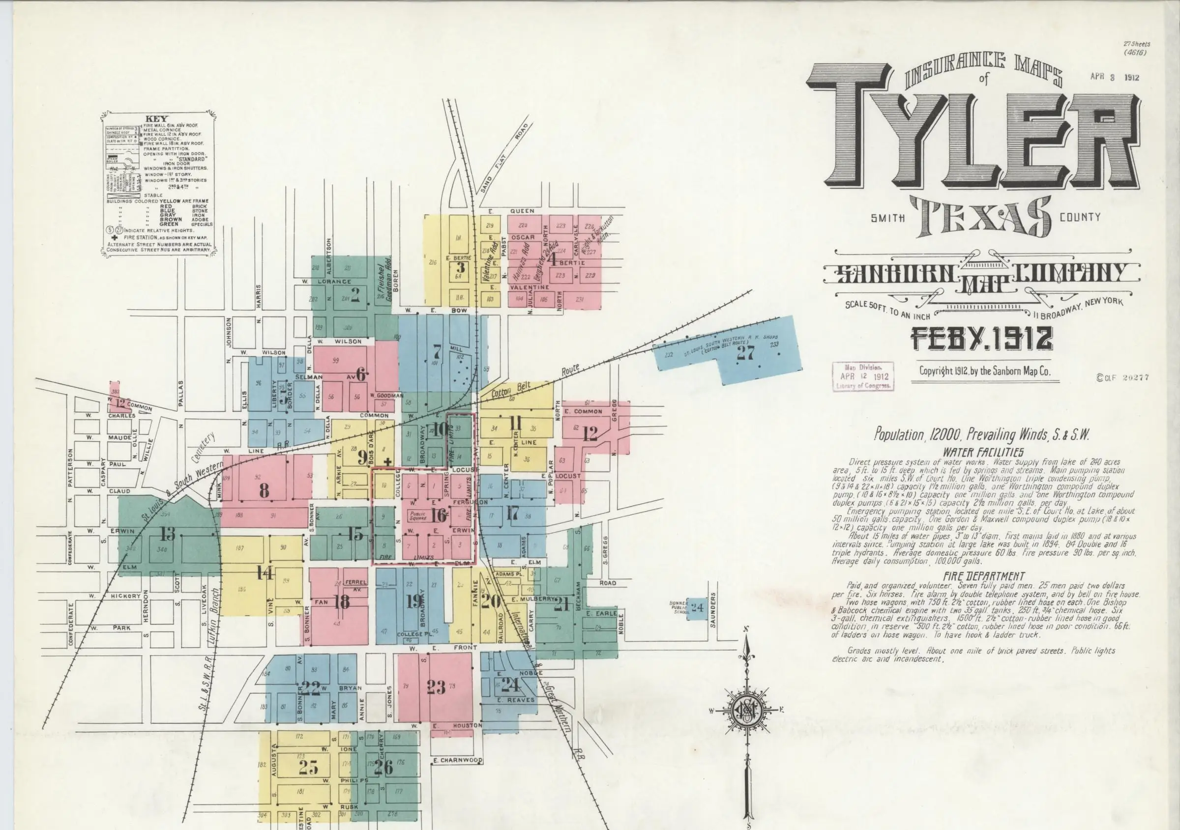 The top of Sanborn’s February 1912 sheet of Tyler: 27 numbered blocks in pink, yellow, blue and green around the public square, the fire limits outlined in red, the Cotton Belt shops at upper right, and the title and notes beside them.