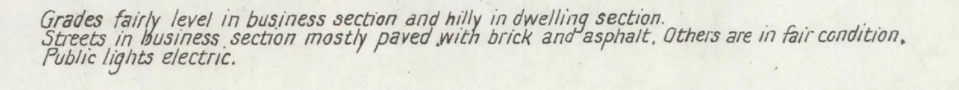 Handwritten notes on the 1919 sheet: “Streets in business section mostly paved with brick and asphalt. Others are in fair condition.”