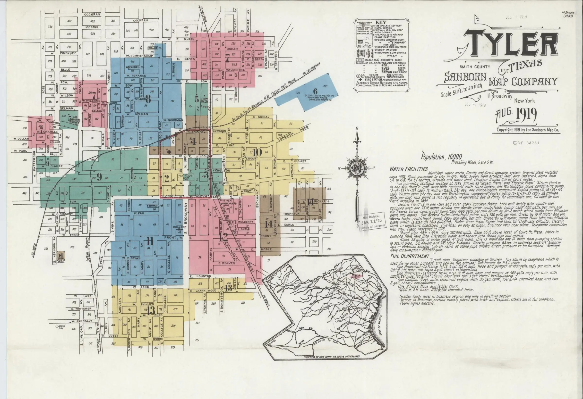 The top of Sanborn’s August 1919 sheet of Tyler: colored blocks spreading from the square along the rail lines, a small map of Texas, and the notes beside the title.