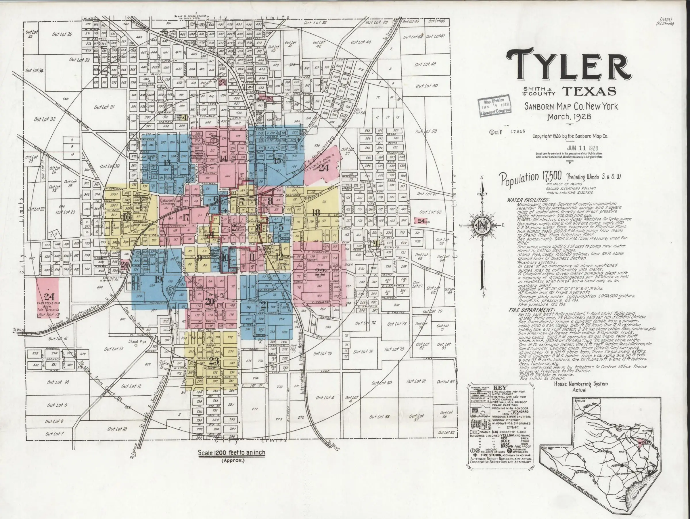 Sanborn’s March 1928 key map of the whole town of Tyler: a grid of streets and numbered out-lots inside a circle, the colored sheets at its center, with the title, the notes and a small map of Texas at right.