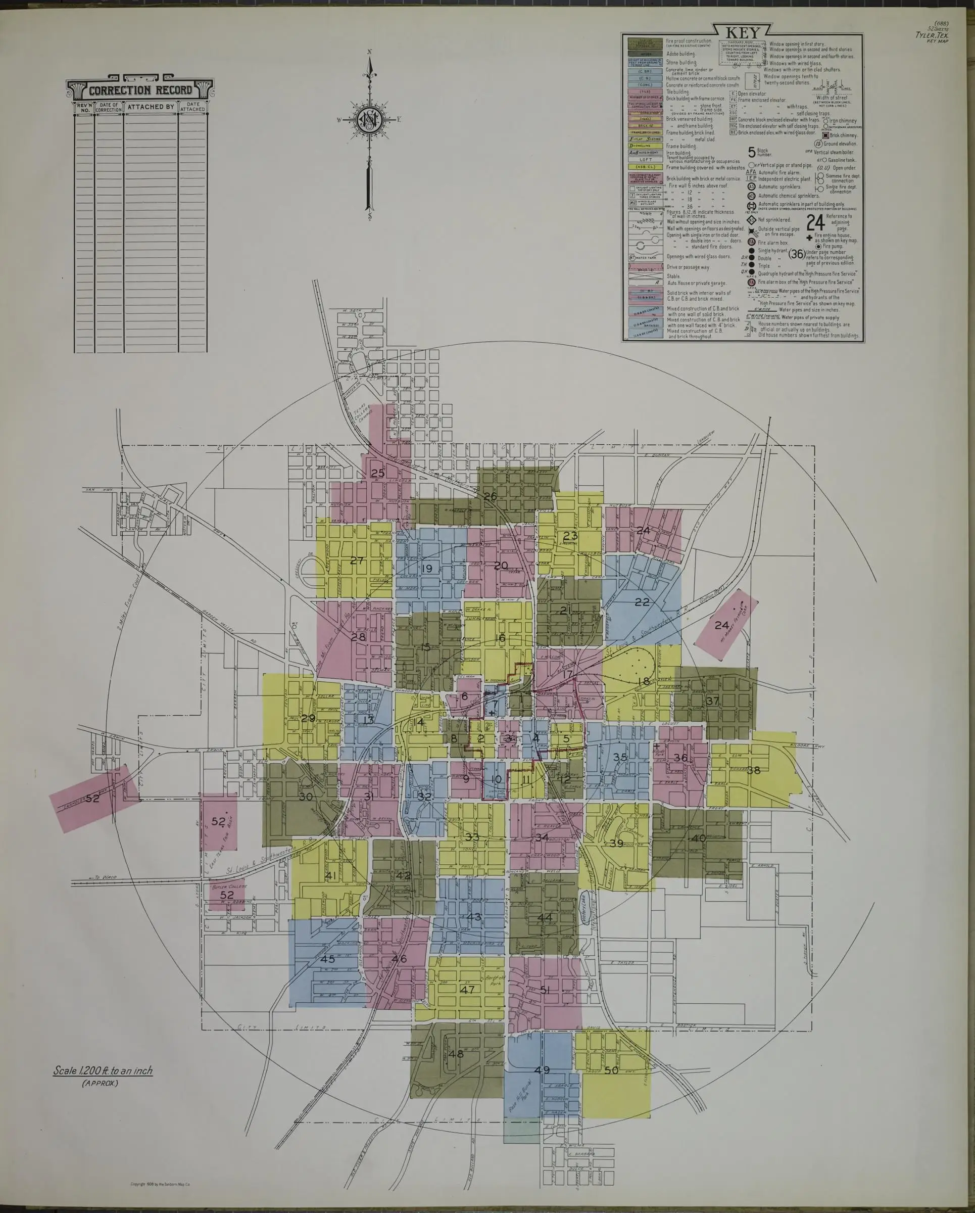 Sanborn’s 1938 key map of Tyler: more than fifty colored sheets in a ring around downtown, a correction record and a key at the top.